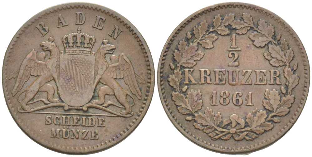 Баден 1/2 крейцера 1861 Фридрих I (1856-1907) КМ 241, AKS 134 медь 201-258