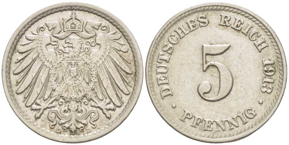 ГЕРМАНИЯ 5 ПФЕННИГОВ 1913 D KM 11, J. 12 медно-никель 105-166