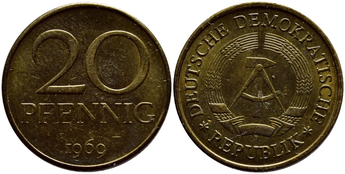 ГДР 20 пфеннигов 1969 А, первый год KM 11 латунь UNC 4395-1124