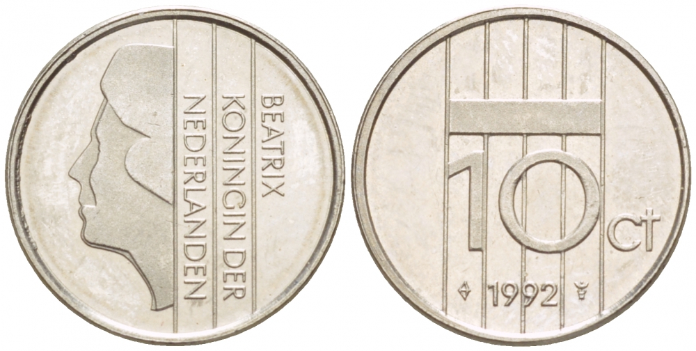 НИДЕРЛАНДЫ 10 ЦЕНТОВ 1992 БЕАТРИКС KM 203 никель 4547-928