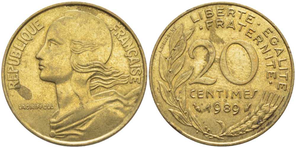 ФРАНЦИЯ 20 САНТИМОВ 1989 ТИП MARIANNE KM 930, LE FRANC 156.29 медь алюминий никель 175-912