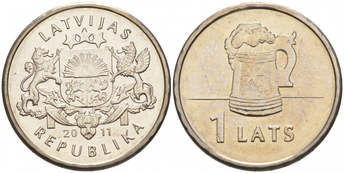 Латвия 1 лат 2011 пивная кружка KM 119 медно-никель UNC M15-09