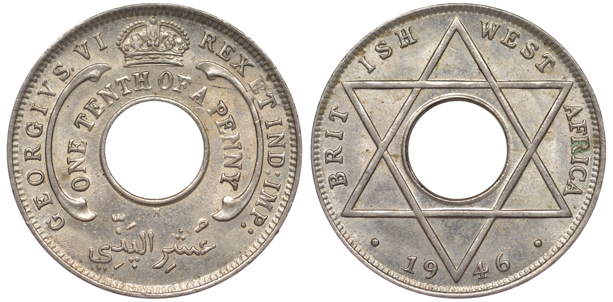 Британская Западная Африка 1/10 пенни 1946 H, Георг VI KM 20 медно-никель 25-1832