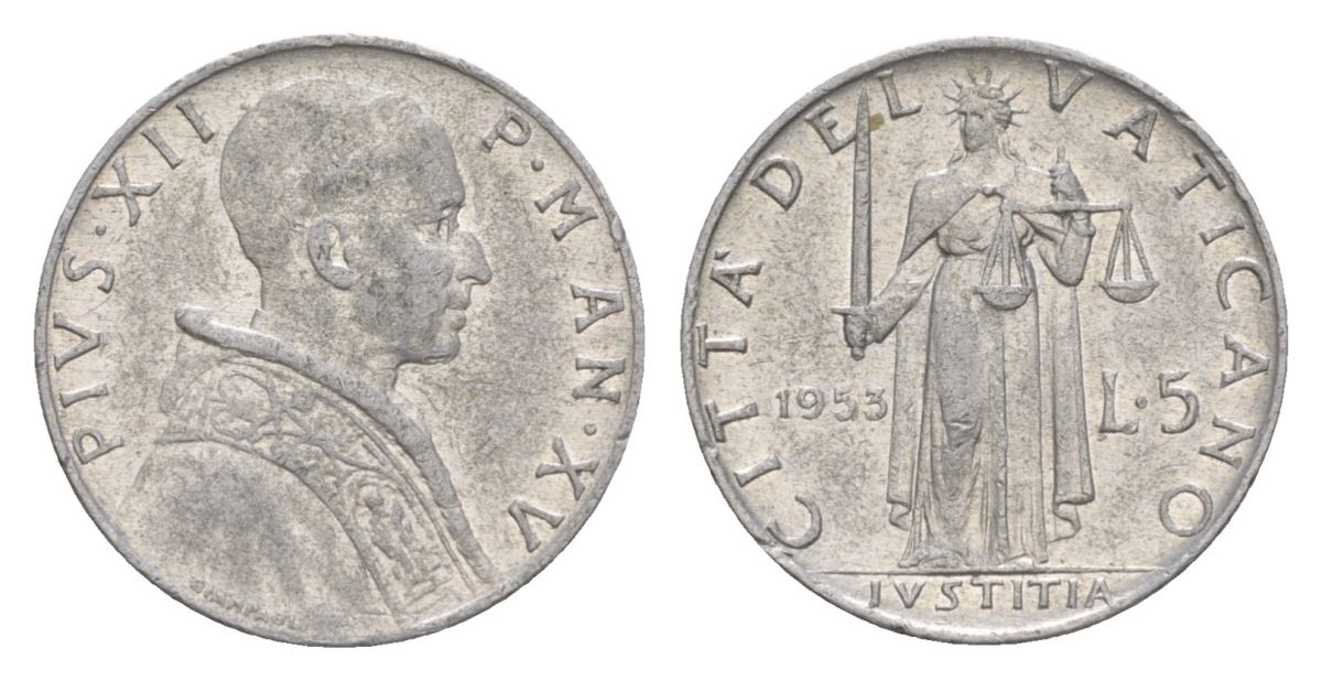 Ватикан 5 лир 1953 KM 51 алюминий aUNC 4632-915