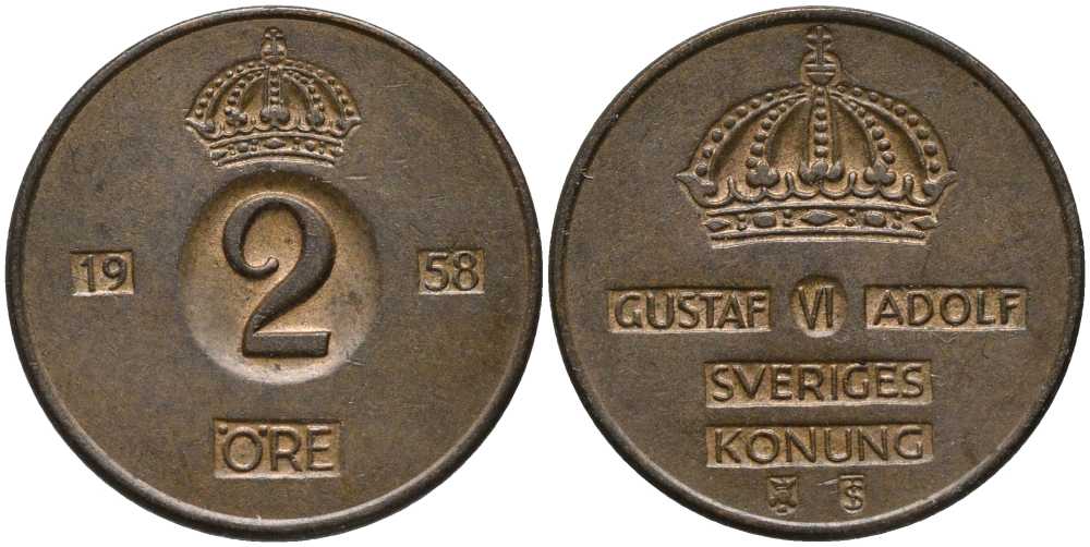 Швеция 2 эре 1958 TS, Густав VI Адольф (1950-1973) KM 821 бронза 202-636