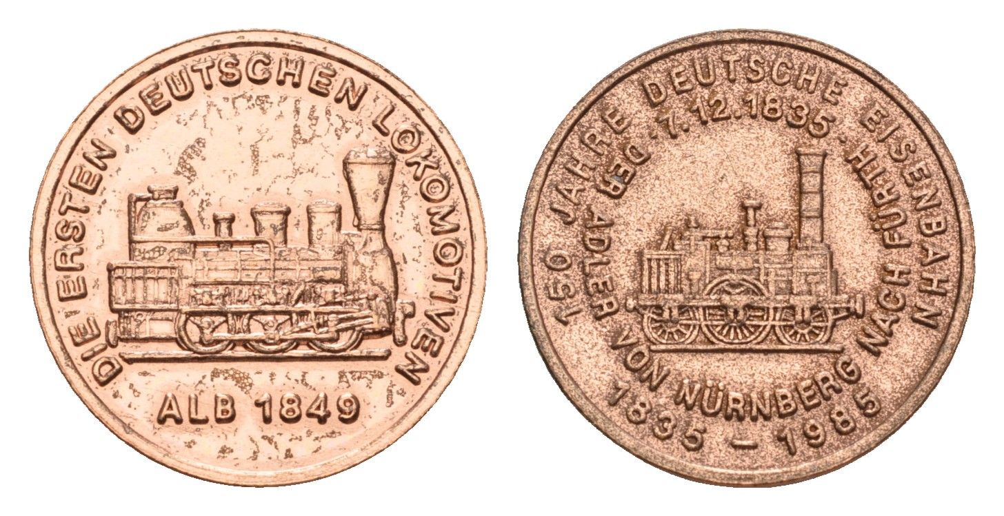 ФРГ медаль из серии 150 лет немецким железным дорогам - локомотив Алб 1849 1985 диаметр 18 мм, вес 2,3 гр алюминий плакированный медью 4644-933