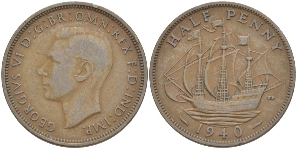 Великобритания 1/2 пенни 1940 Георг VI (1936-1952) KM 844, Spink 4115 бронза 4539-646