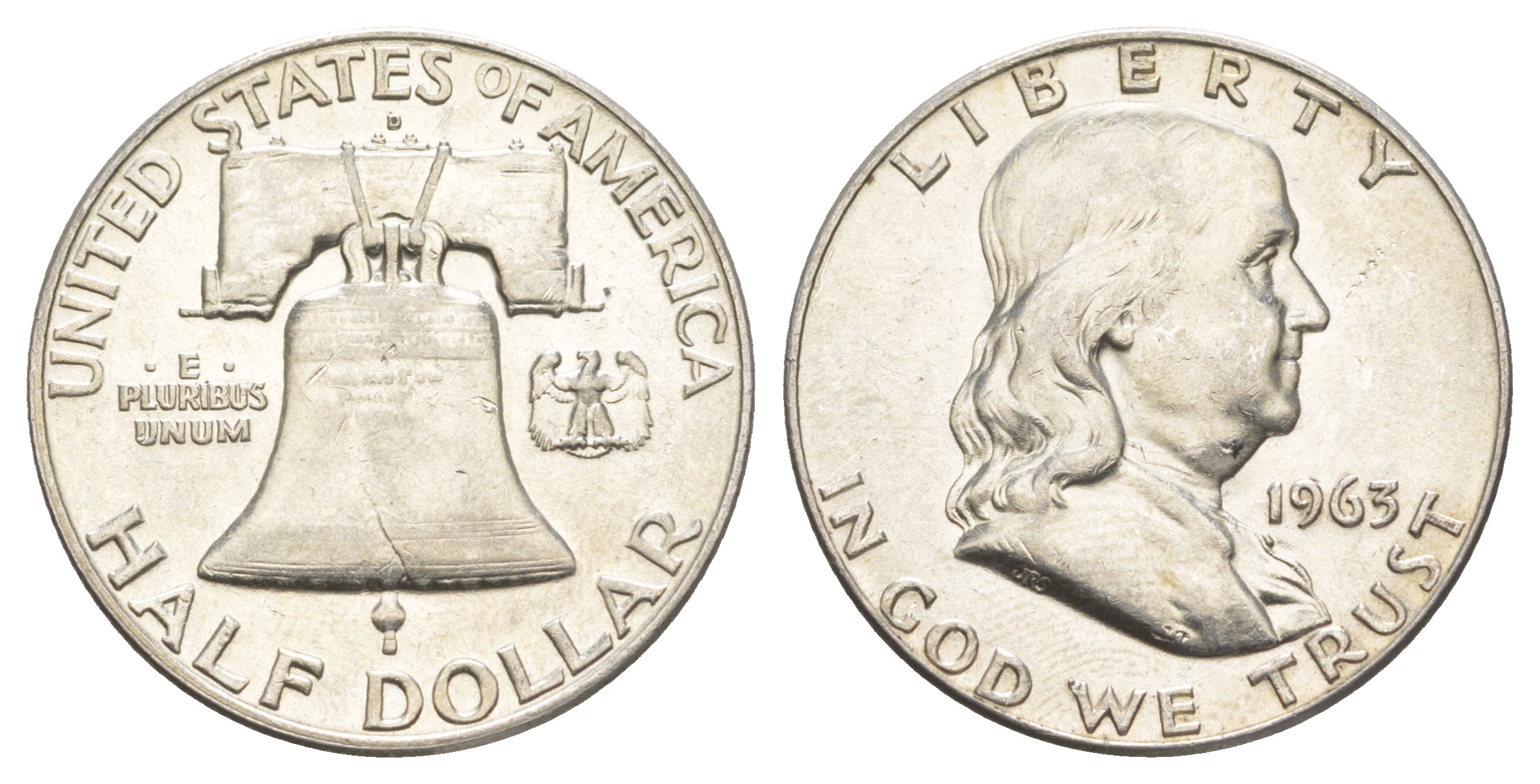 США 1/2 доллара (50 центов) 1963 Бенджамин Франклин, колокол KM 199 серебро  aUNC  4574-416