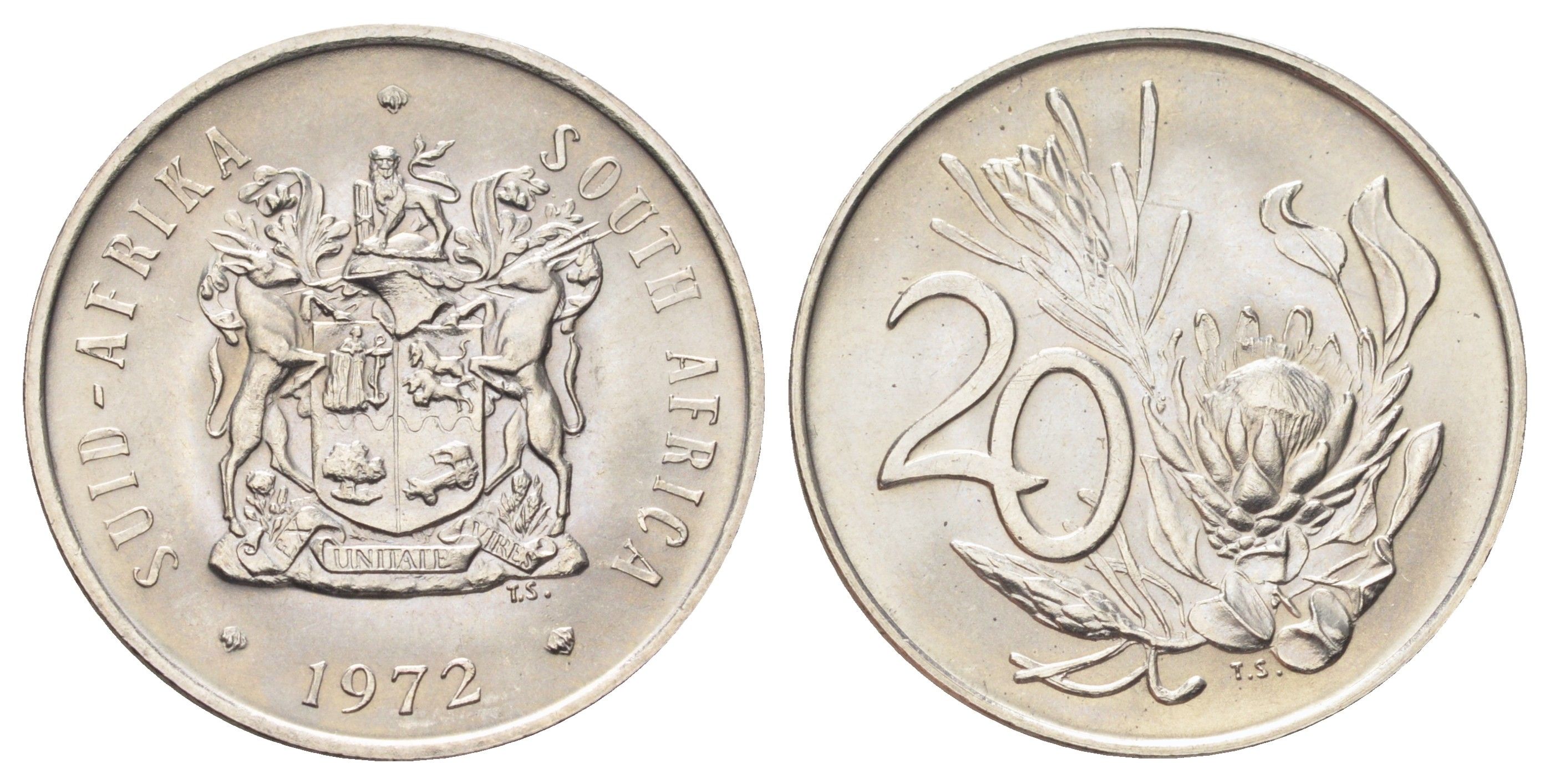 ЮАР 20 центов 1972 герб, цветок протея KM 86 никель UNC 4695-1111