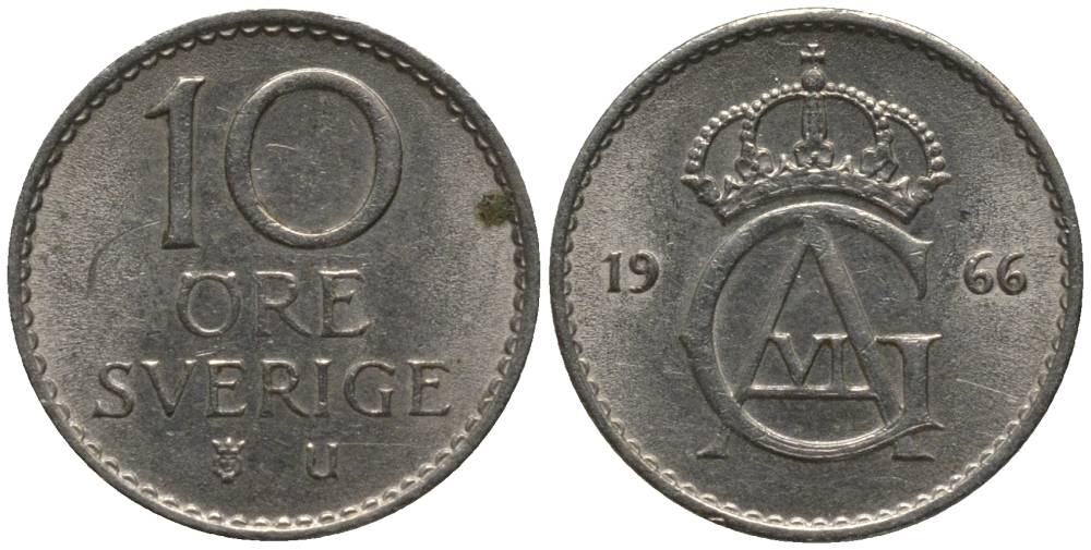 Швеция 10 эре 1966 U Густав VI Адольф (1950-1973) KM 835 медно-никель 218-325