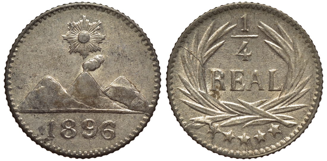 Гватемала 1/4 реала 1896 5 звезд, Испанское правление KM 162 серебро 66-552