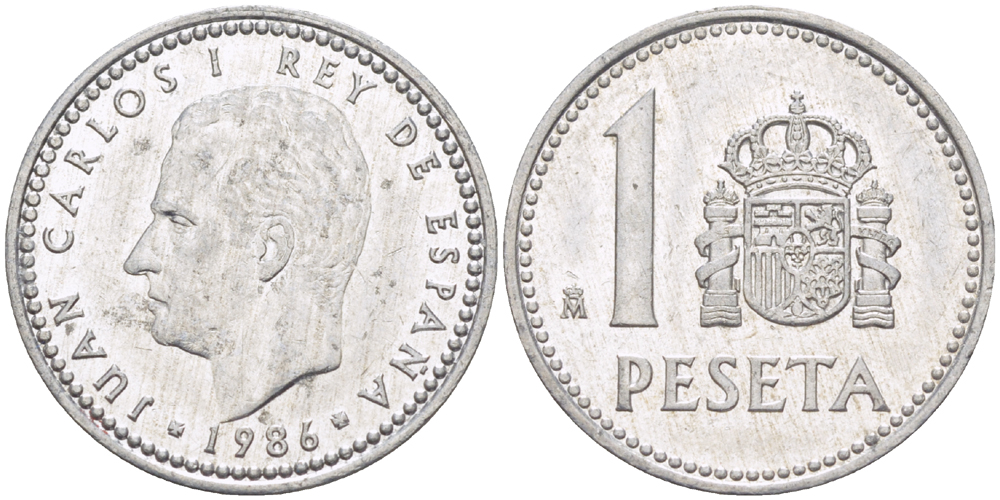 Испания 1 песета 1986 M, Хуан Карлос I (1975-2014) KM 821 алюминий 216-625