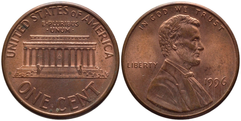 США 1 ЦЕНТ 1996 ЛИНКОЛЬН KM 201b цинк плакированный медью 66-1062