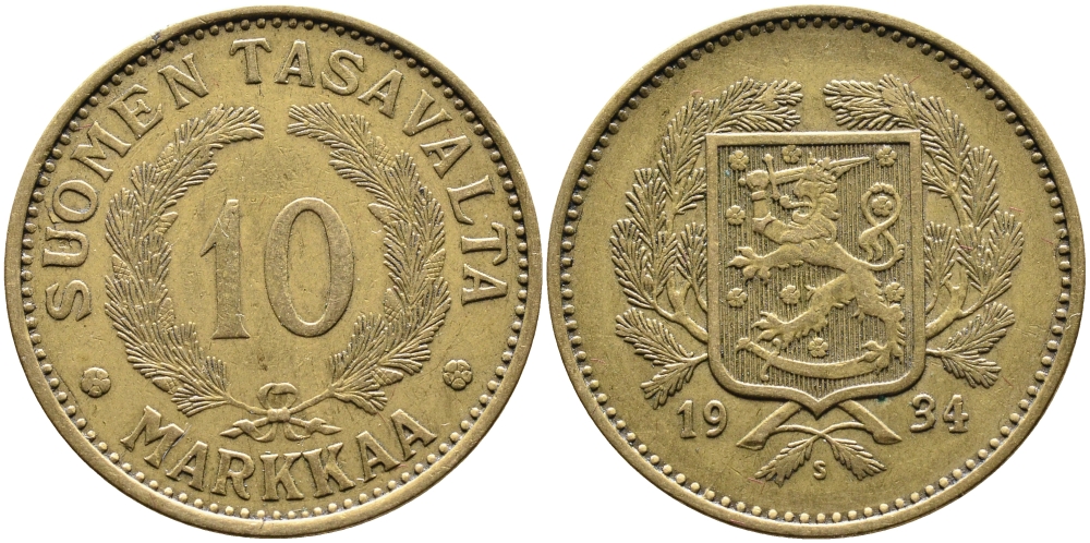 Финляндия 10 марок 1934 S KM 63 алюминиевая бронза 4388-1053