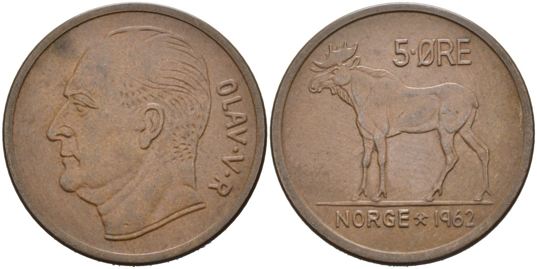 Норвегия 5 эре 1962 ЛОСЬ KM 405 бронза 4565-535