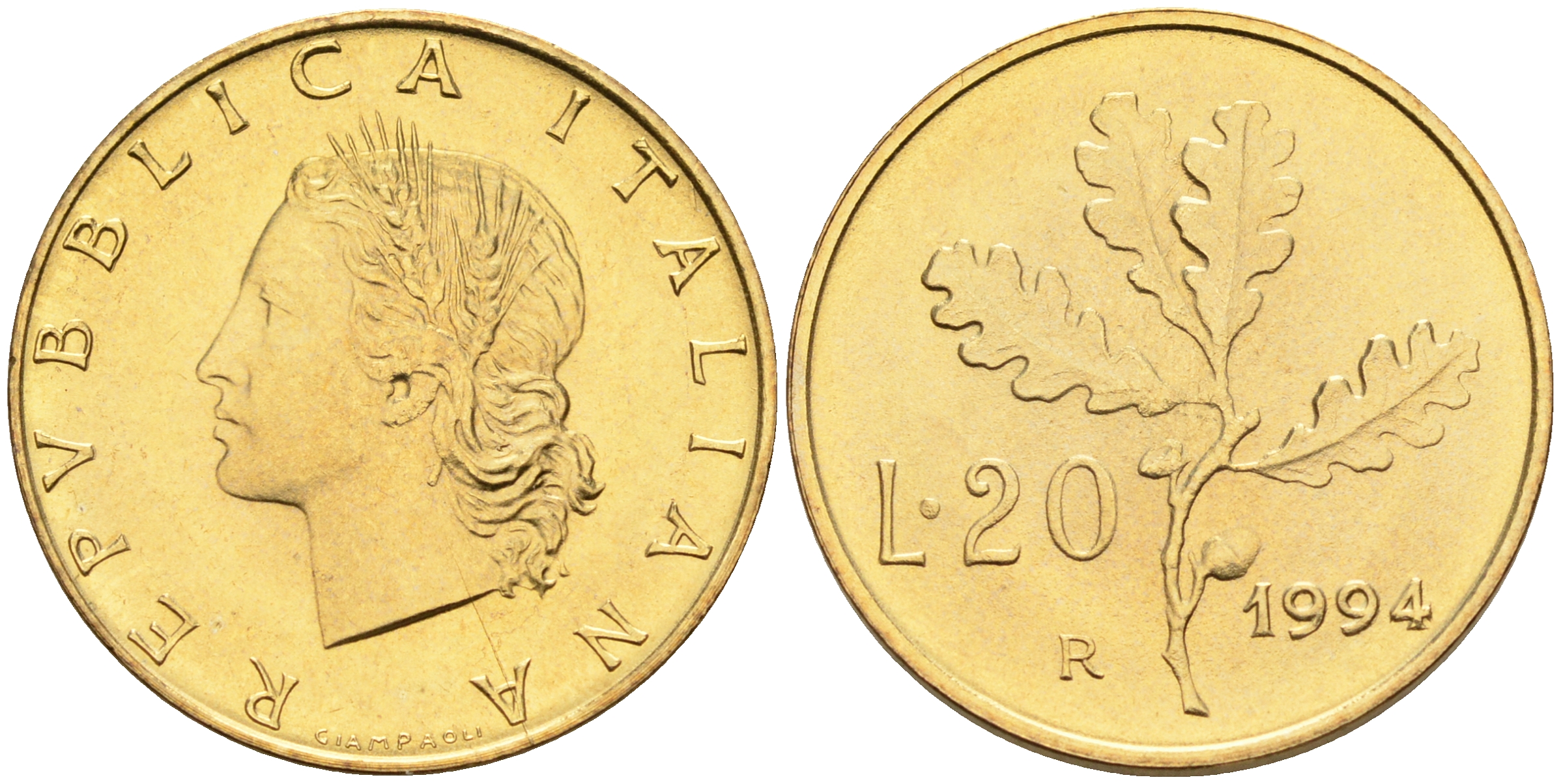 Италия 20 лир 1994 R, дубовый лист KM 97.2 алюминиевая бронза  UNC  4594-866