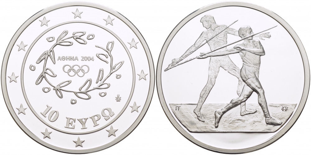 Греция 10 евро 2003 XXVIII летние Олимпийские игры 2004 года в Афинах, метание копья KM 193 серебро PROOF 06-271-35