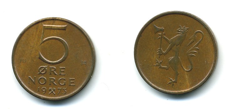 Норвегия 5 эре 1973 Улаф V (1958-1991) ​KM 415 бронза 4364-922