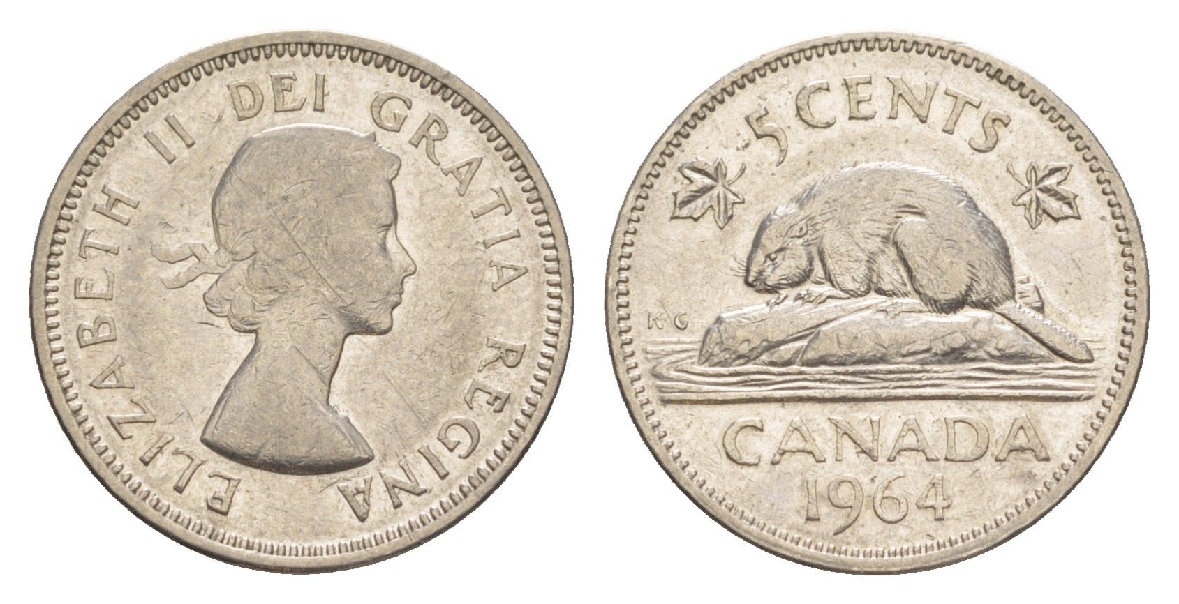 Канада 5 центов 1964 Елизавета II (1952-2022), бобр KM 57 никель 4636-566