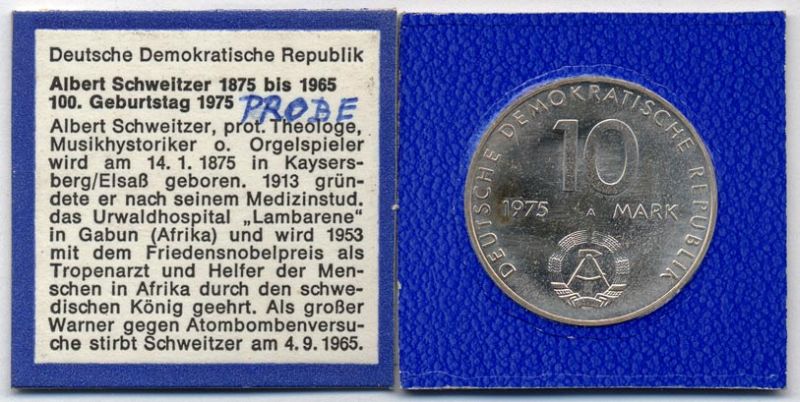 ГДР 10 марок 1975 А, 100 лет со дня рождения Альберта Швейцера, пробная / проба, в оригинальной упаковке с сертификатом KM PR18, J.557 серебро UNC 00-812-46