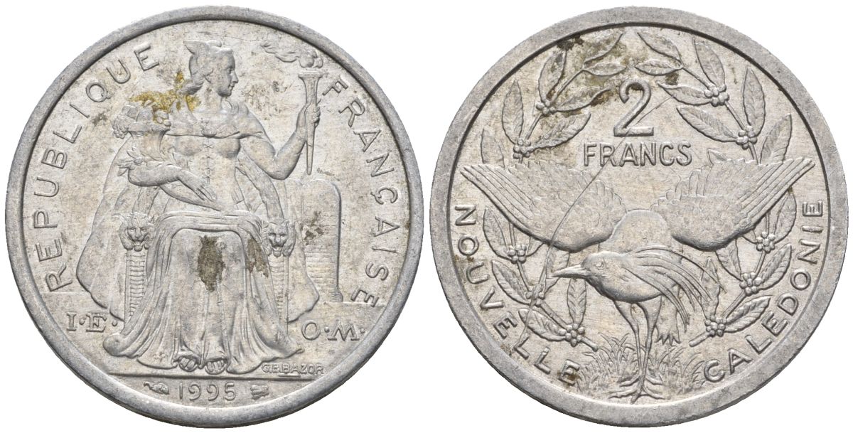 Французская Новая Каледония 2 франка 1995 птица кагу, (IEOM) KM 14, Schoen 11, Lec 68 алюминий    23-837