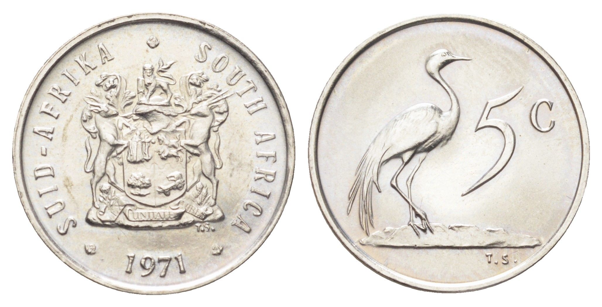 ЮАР 5 центов 1971 герб, райский журавль KM 84 никель UNC 4696-954