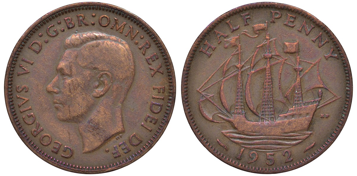 Великобритания 1/2 пенни 1952 Георг VI (1936-1952) KM 868, Spink 4118 бронза 4122-817