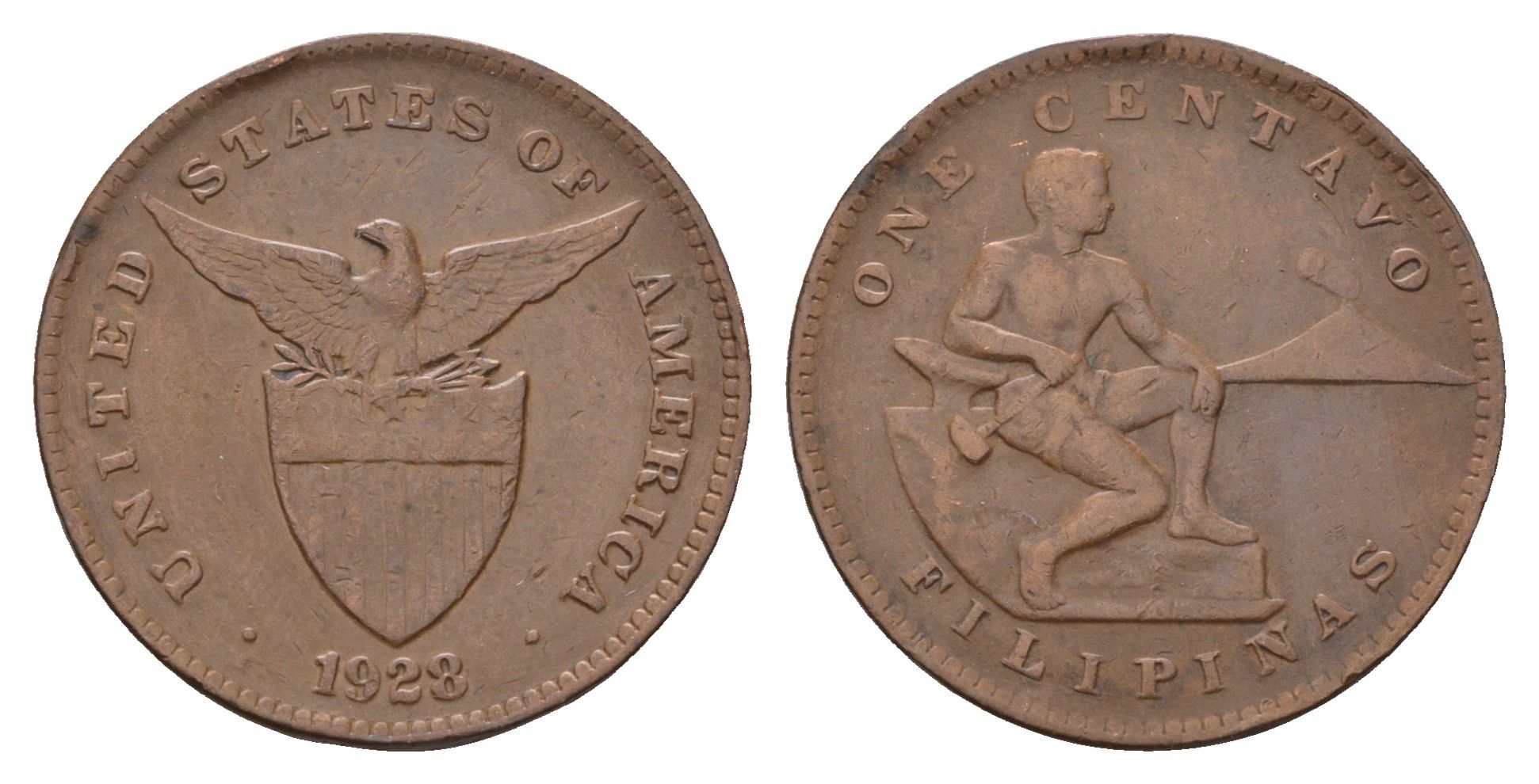 Филиппины 1 сентаво 1928 Администрация США KM 163 бронза 60-543
