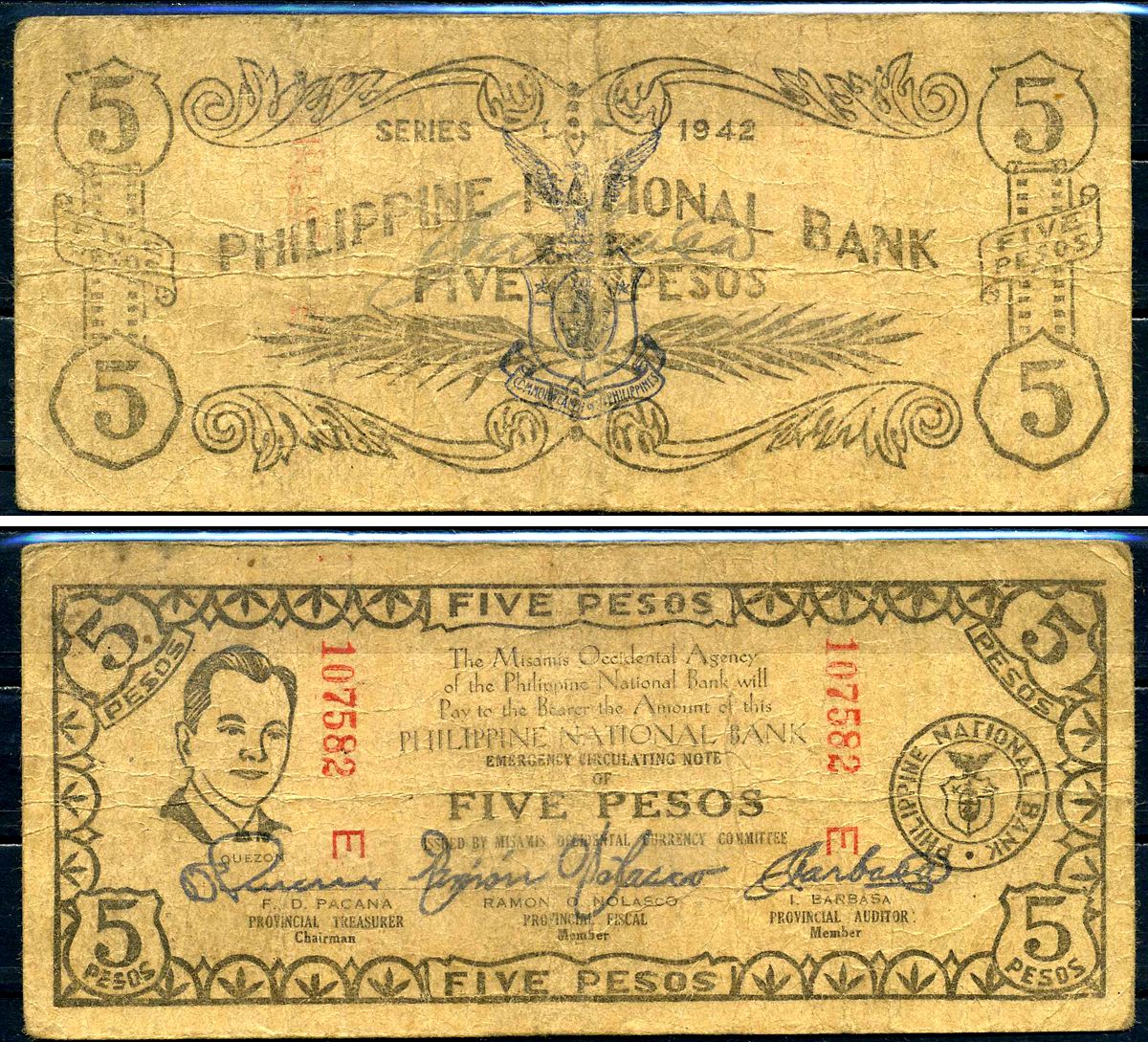 Филиппины 5 песо 1942 Филиппинский Национальный Банк (город Мисамис), серия 107582 Pick S578b бумага 7548-100-1-1
