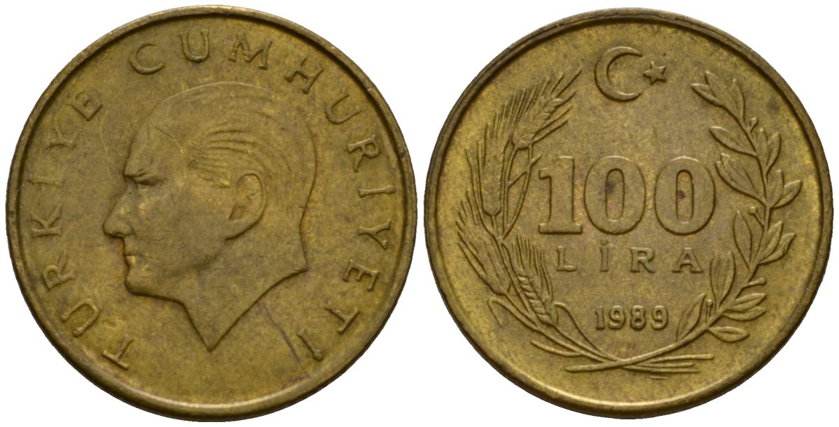 Турция 100 лир 1989 Кемаль Ататюрк KM 988 алюминиевая бронза 4601-651