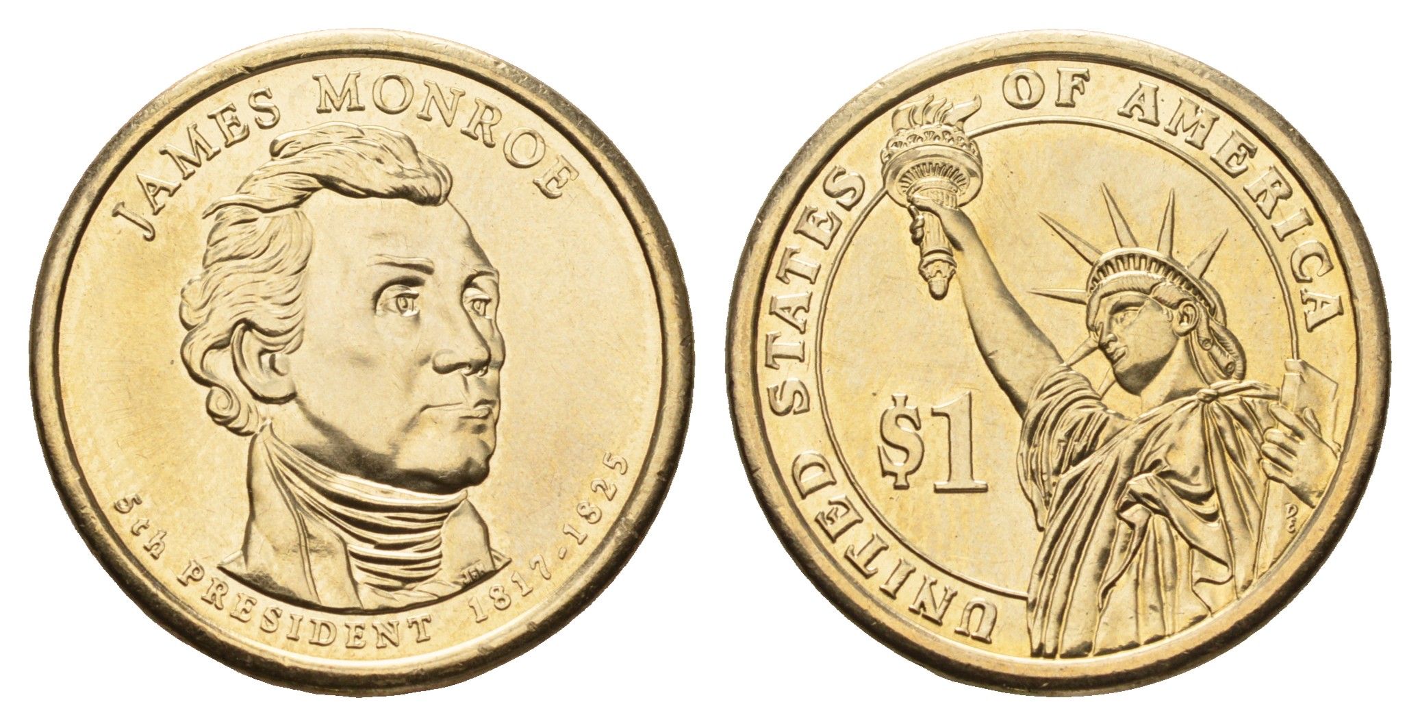 США 1 доллар 2008 D, Президент США - Джеймс Монро (1817-1825) KM 426 медь с марганцево-латунным покрытием UNC 4624-211