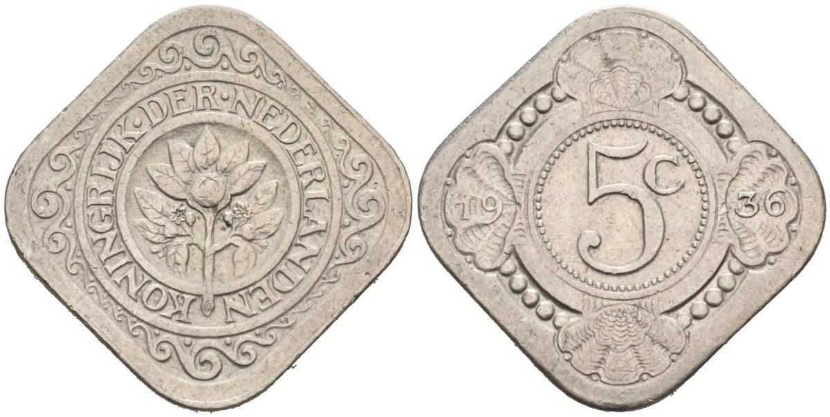 Нидерланды 5 центов 1936 Вильгельмина (1890-1948) KM 153 медно-никель 4575-844