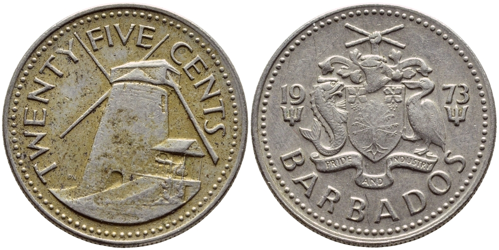 Барбадос 25 центов 1973 ветряная мельница Моргана Льюиса KM 13 медно-никель 4398-323