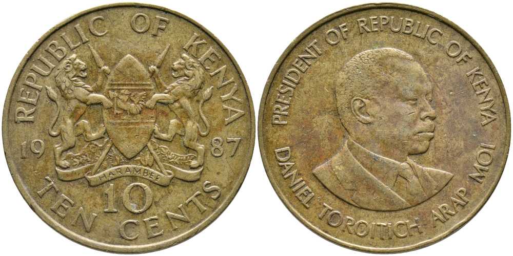 Кения 10 центов 1987 Дэниэл арап Мои KM 18 никель латунь 111-123