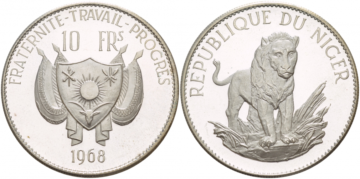 Нигер 10 франков 1968 лев, без черты над Е, в слове Republique KM 8.2 серебро PROOF 1091-1-12