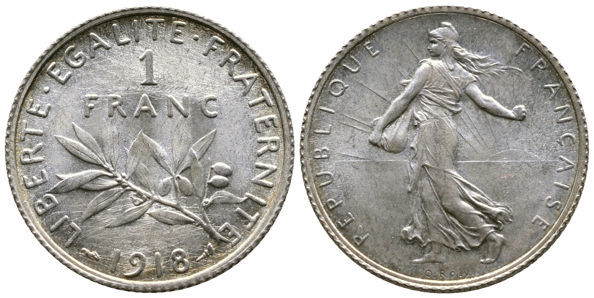 Франция 1 франк 1918 сеятель KM 844.1, Le Franc 217.24 серебро UNC 259-712