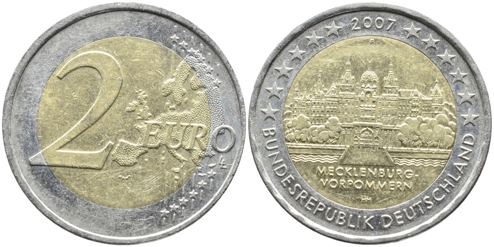 ФРГ 2 евро 2007 F, серия федеральные земли, Мекленбург-Передняя Померания, Шверинский замок KM 260 биметалл 93-946