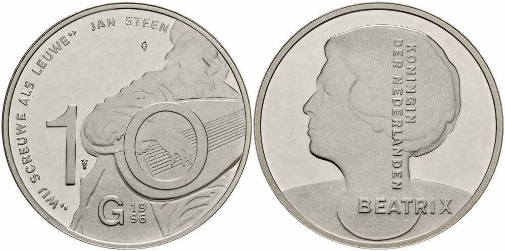 Нидерланды 10 гульденов 1996 Ян Стен, автопортрет с лютней, королева Беатрикс KM 223 серебро PROOF 1087-1-65