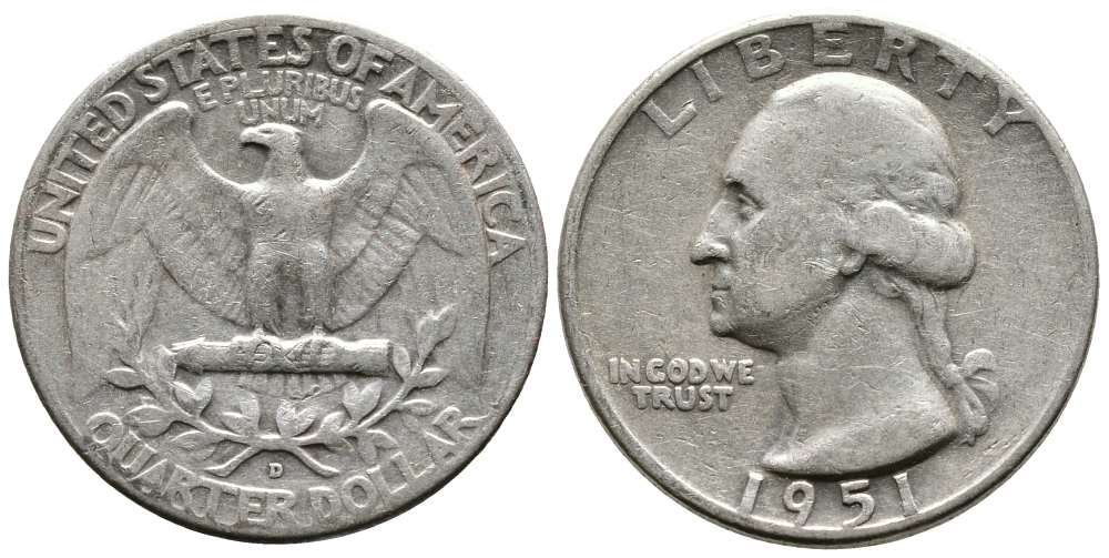 США 25 центов = квотер 1951 Вашингтон KM 164 серебро 4364-343