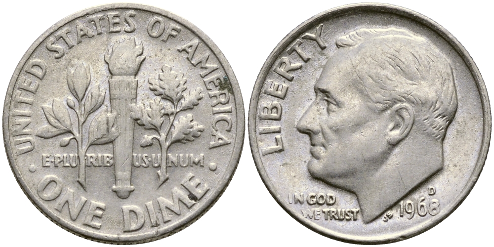 США 10 ЦЕНТОВ = 1 ДАЙМ 1968 D, РУЗВЕЛЬТ KM 195а медь плакированная медно-никелем 51-5266