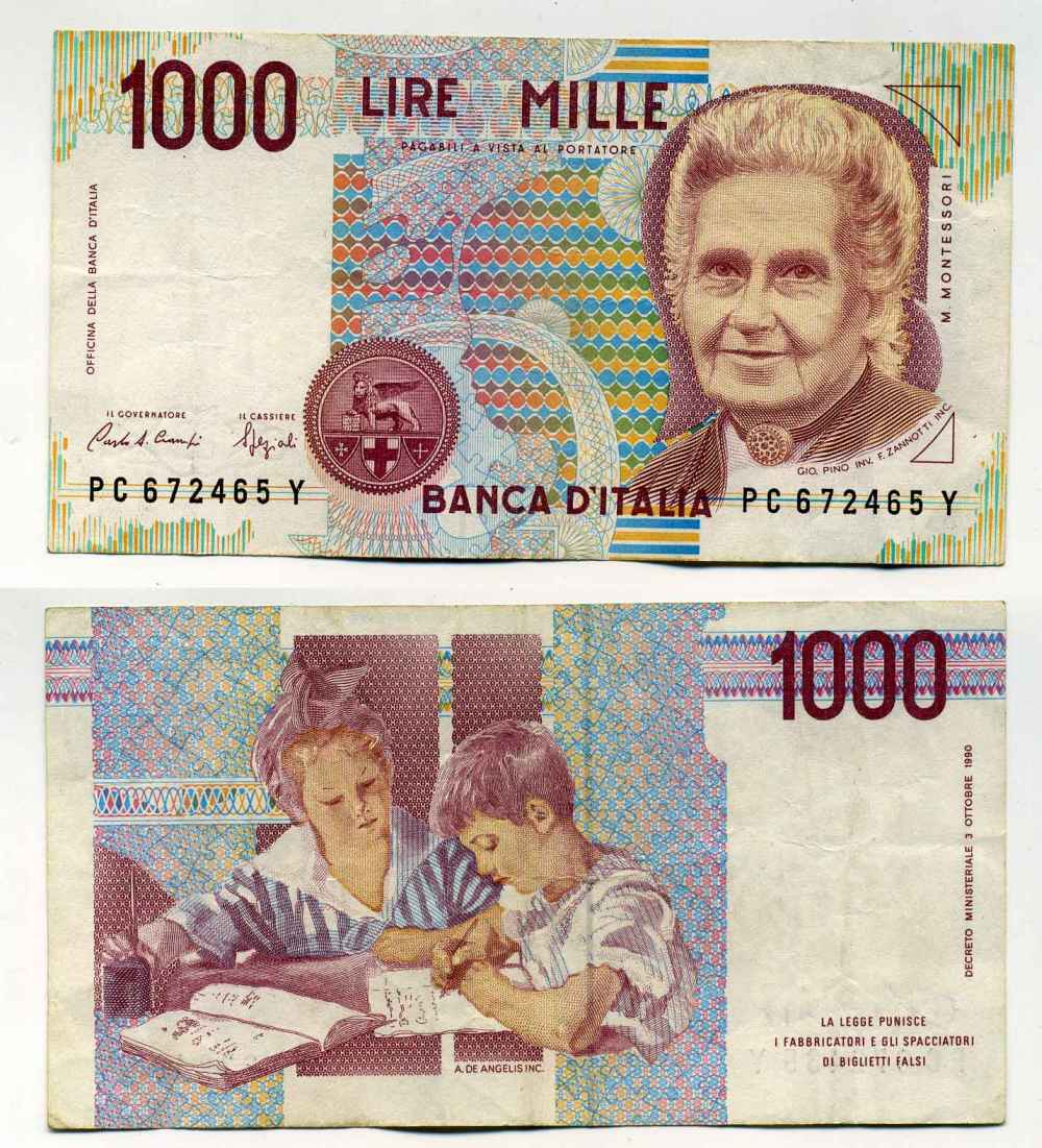 Италия 1000 лир 1990 Мария Монтессори Pick 114а бумага 8589-8-2-2
