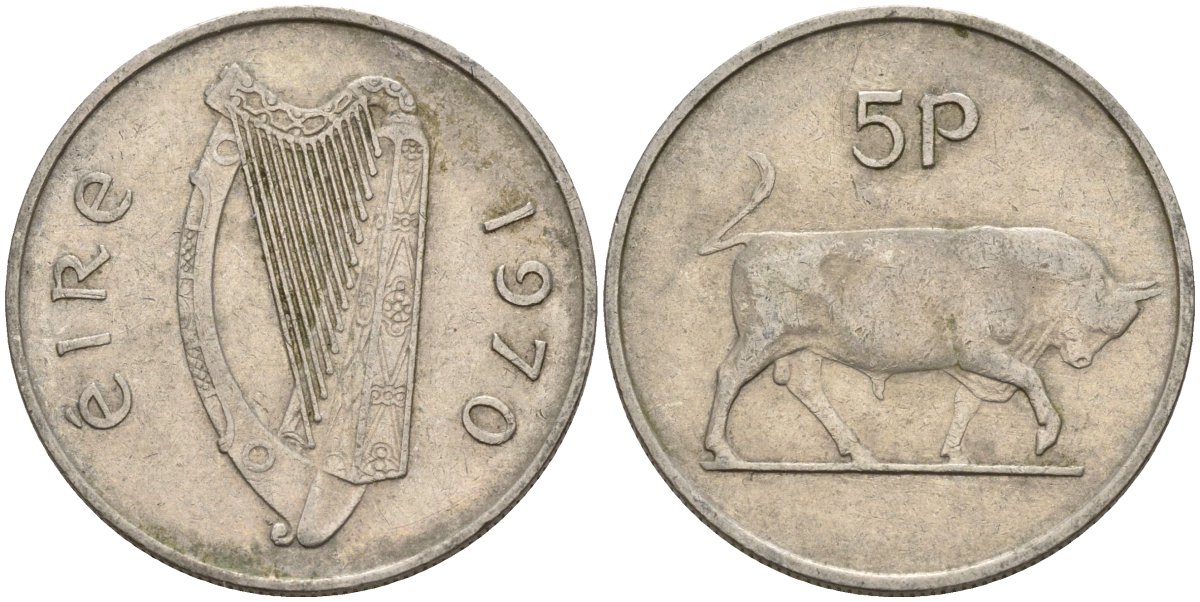 Ирландия 5 пенсов 1970 бык KM 22 медно-никель 4146-523