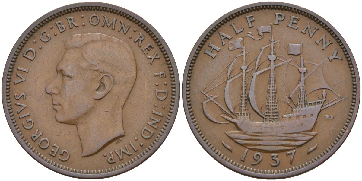 Великобритания 1/2 пенни 1937 Георг VI (1936-1952) KM 844, Spink 4115 бронза 4153-817