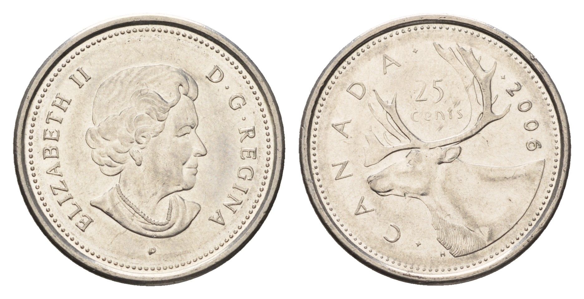 Канада 25 центов 2006 P, Елизавета II (1952-2022), олень KM 493 сталь плакированная никелем UNC 4688-536