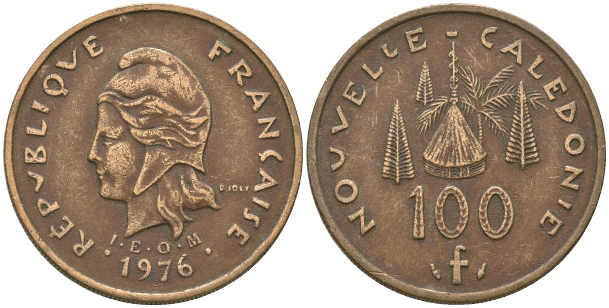 Французская Новая Каледония 100 франков 1976 хижина среди сосен и пальм, (IEOM) KM 15, Schoen 16, Lec 130 никель бронза 88-324