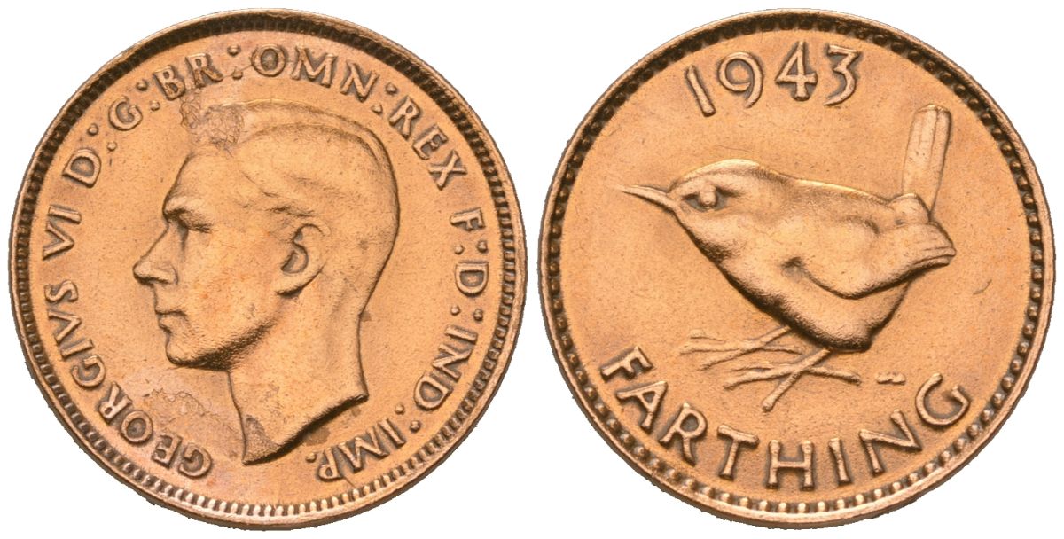 Великобритания 1 фартинг 1943 Георг VI (1936-1952) KM 843, Spink 4116 бронза 4387-346