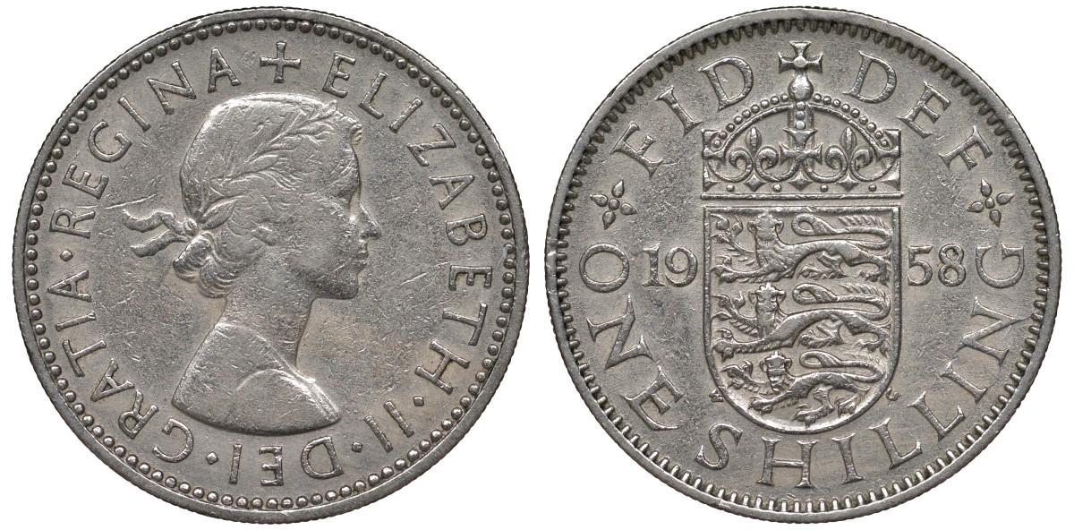 Великобритания 1 шиллинг 1958 Елизавета II (1952-2022), Английский герб KM 904, Spink 4147 медно-никель 4122-1036