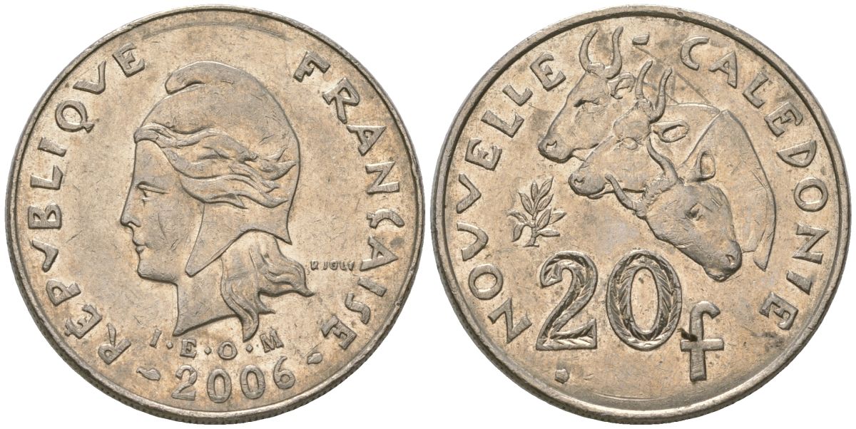 Французская Новая Каледония 20 франков 2006 три быка, (IEOM) KM 12a, Schoen 14a медно-никель 4131-744