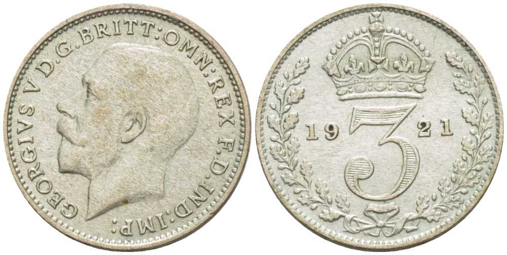 Великобритания 3 пенса 1921 Георг V (1910-1936) KM 813а, Spink 4026 серебро 75-546