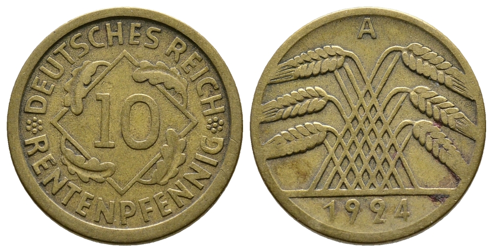 ГЕРМАНИЯ 10 РЕНТЕНПФЕННИГОВ 1924 A KM 33, J. 309, Weege 8 алюминиевая бронза 4380-941